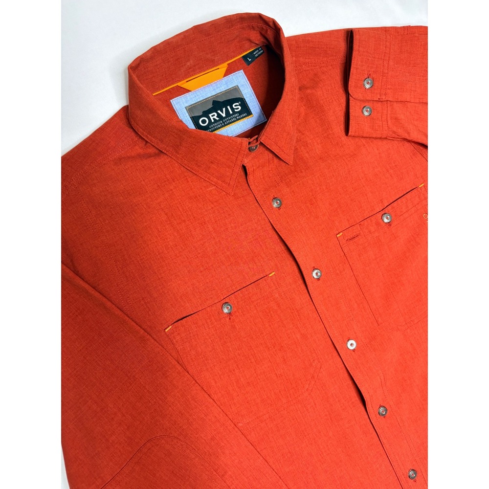 Orvis Mens Active Fit Long Sleeve Button Down Shirt Orange Hiking Fishing Large